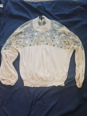 Sheer Yoke Embroidered  Blouse in Cream
